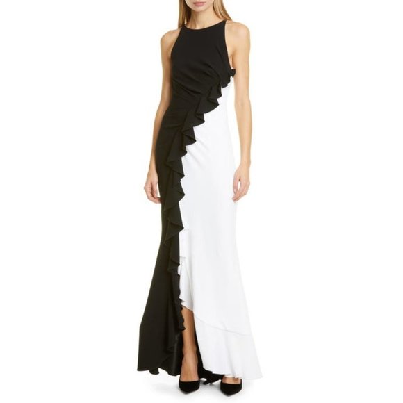 🆕TALBOT RUNHOF Bobbin2 Ruffled ColorBlock Gown Black & White 10 - Picture 6 of 16